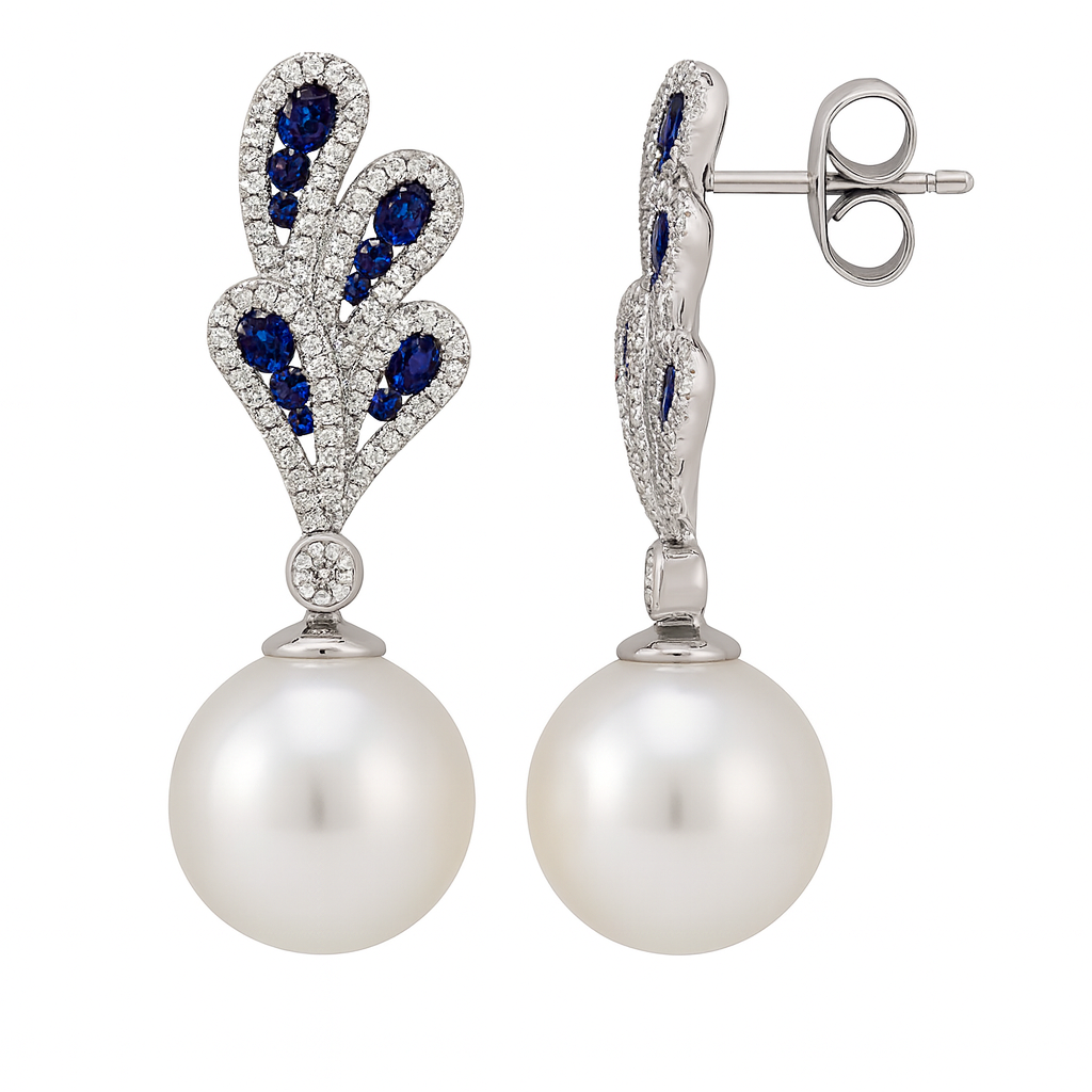 18K White Gold White South Sea Pearl Earrings, 12-13mm, 0.9ct