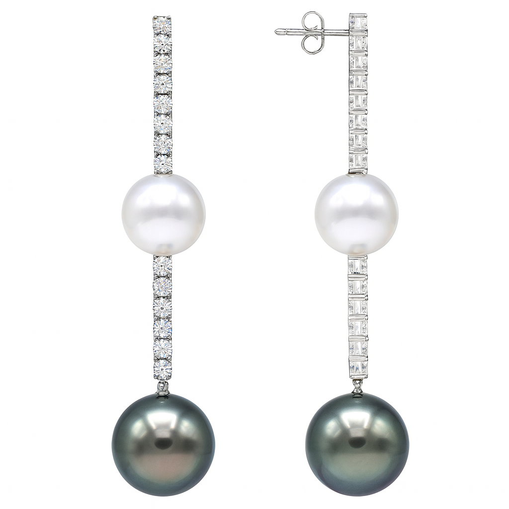 18K White Gold Diamond and Tahitian Pearl Earrings, 11-14mm, 1.81ct