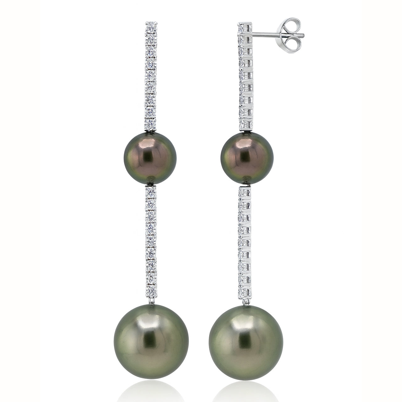 18K White Gold Tahitian Pearl Earrings, 10-15mm, 1.7ct