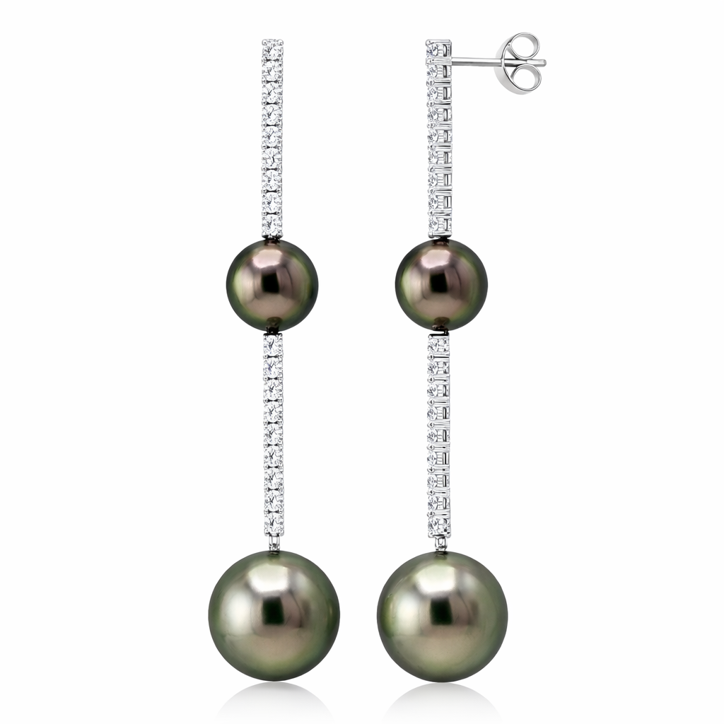 18K White Gold Tahitian Pearl Earrings, 10-15mm, 1.7ct
