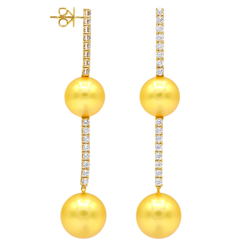 18K Yellow Gold Golden Pearl Earrings, 11-16mm, 1.7ct