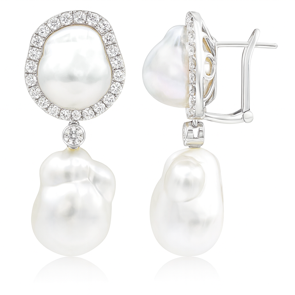 18KW White South Sea Pearl Earrings, 12-14mm