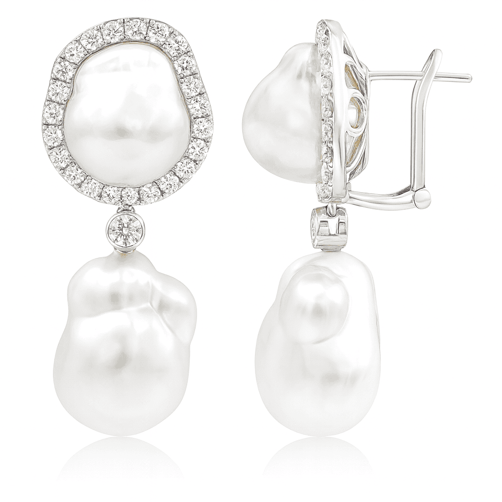 18K White Gold South Sea Pearl Earrings, 12-14mm, 1.65ct