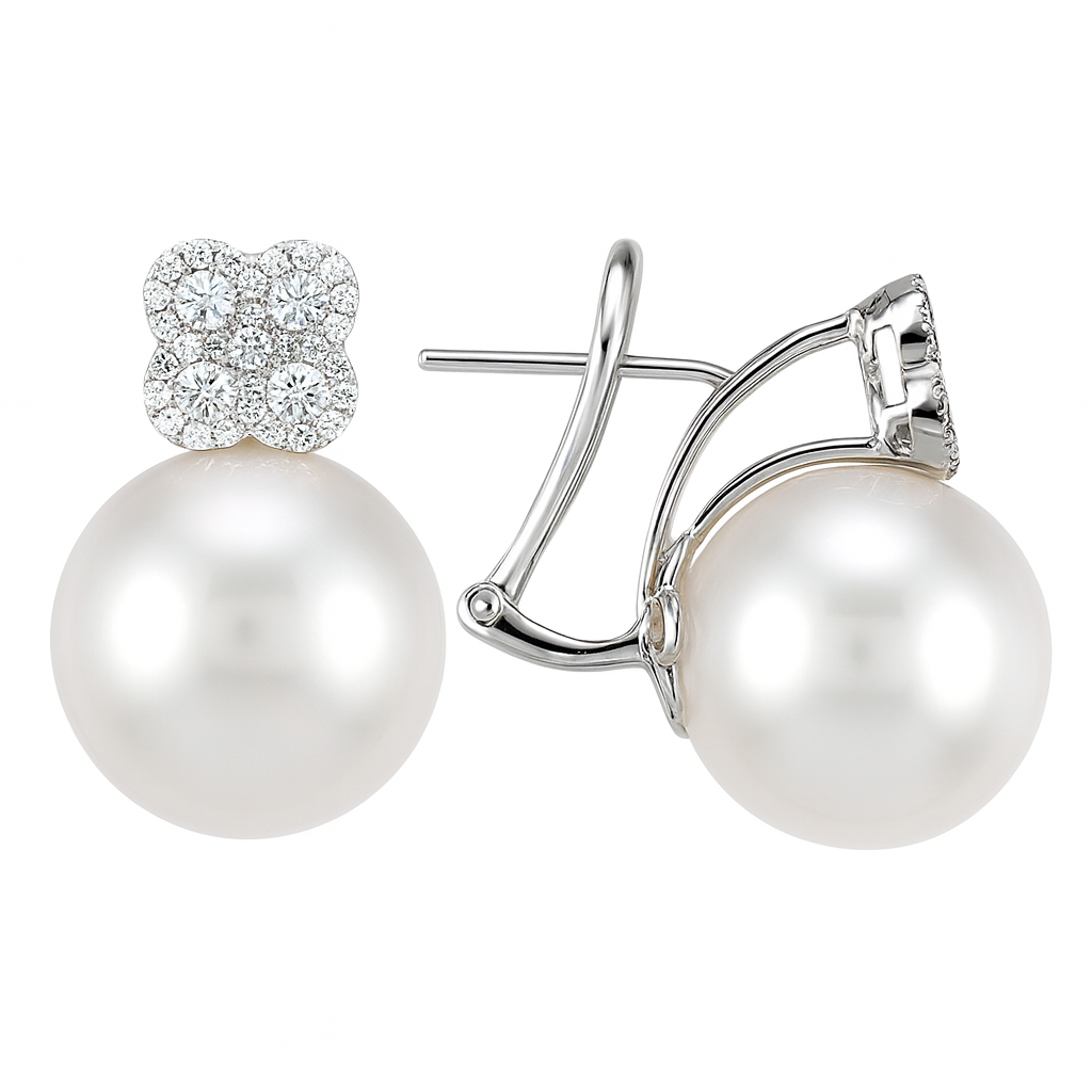 18K White Gold South Sea Pearl Earrings, 13-14mm, 0.5ct