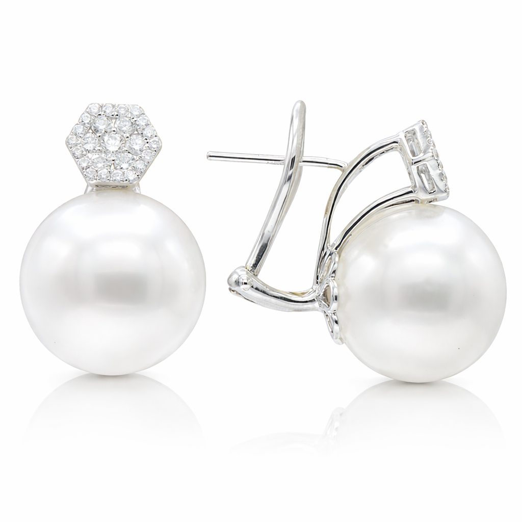 18K White Gold South Sea Pearl Earrings, 13-14mm, 0.38ct