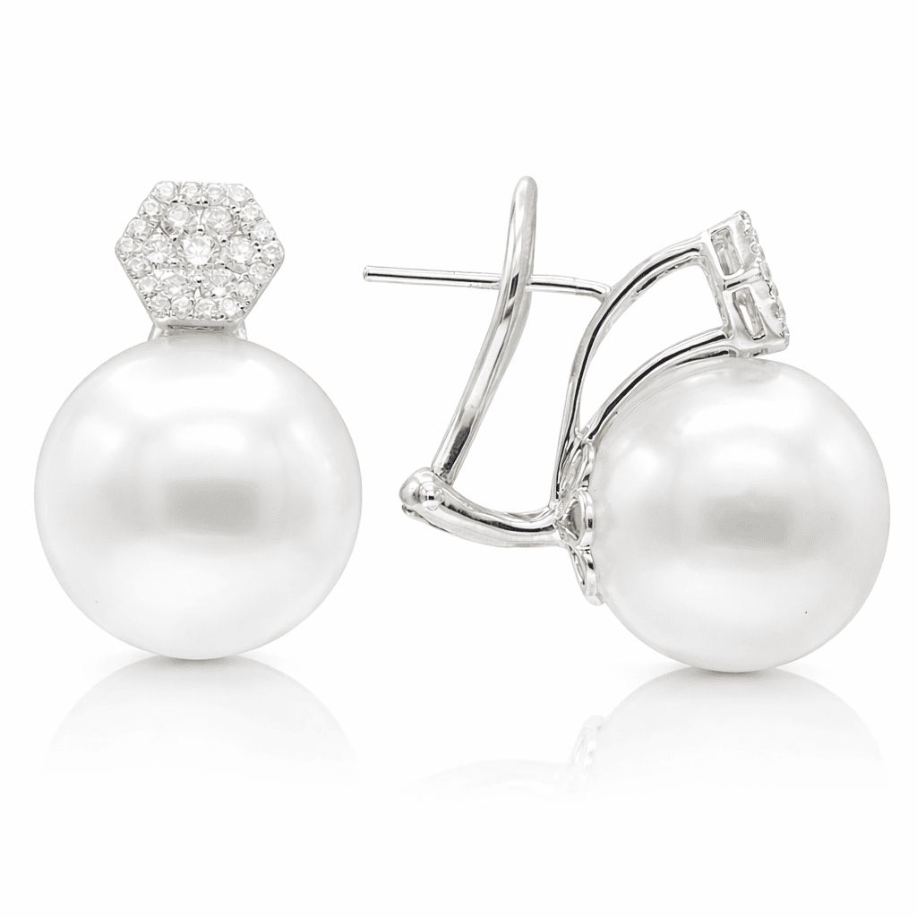 18K White Gold South Sea Pearl Earrings, 13-14mm, 0.38ct