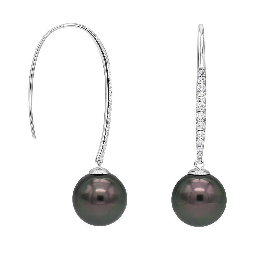 14K White Gold Tahitian Pearl Earrings, 10-11mm, 0.32ct
