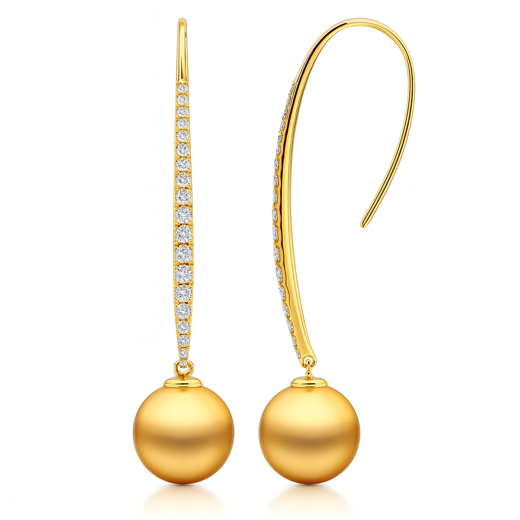 18K Yellow Gold Golden Pearl Earrings, 10-11mm, 0.56ct