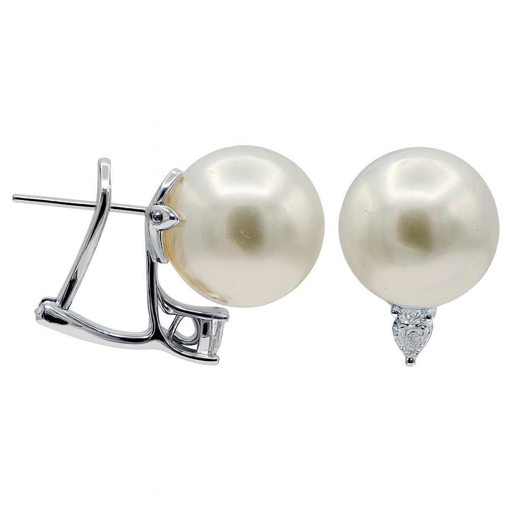 18K White Gold South Sea Pearl Earrings, 13-14mm, 0.38ct