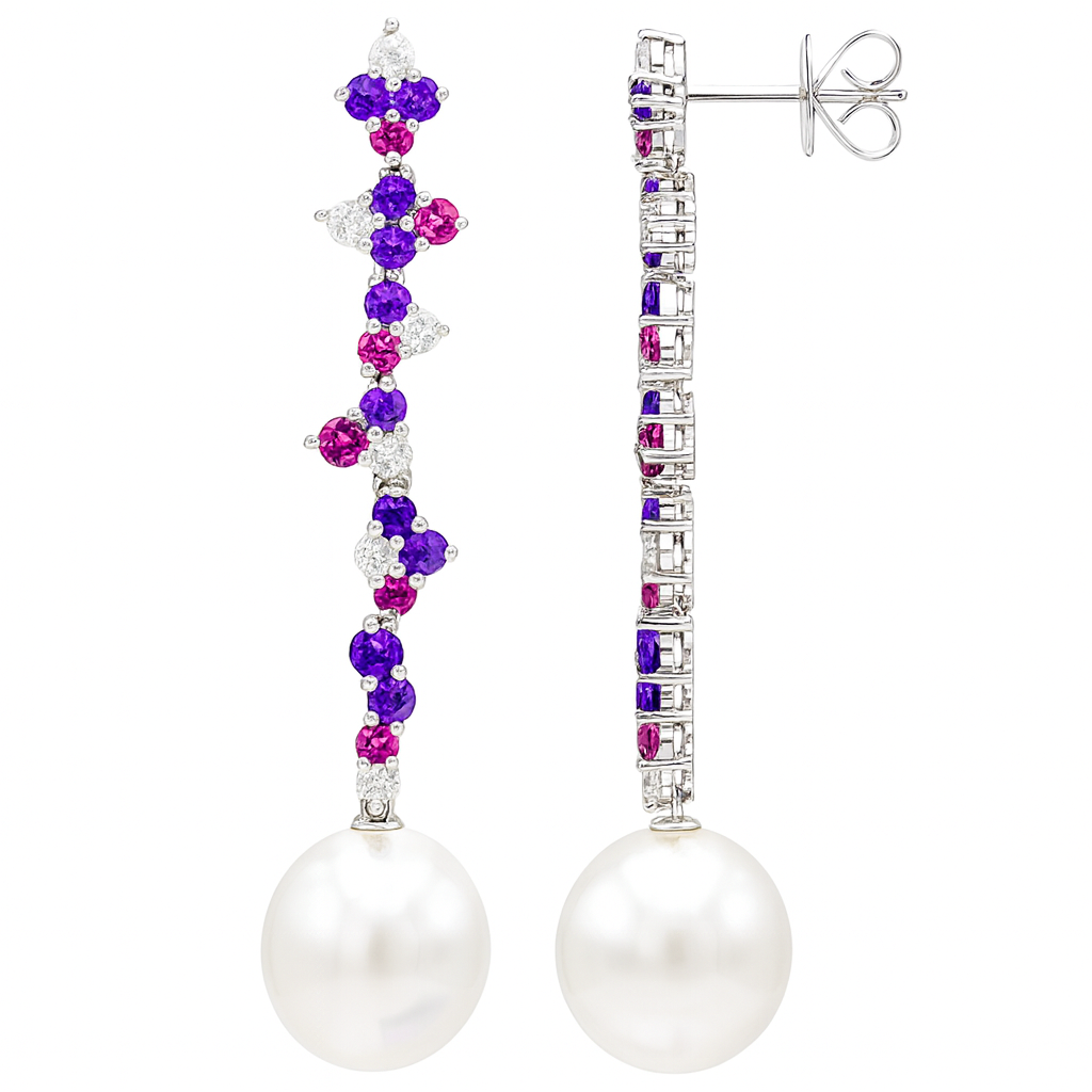 18KW White South Sea Pearl Earrings, 12-13mm