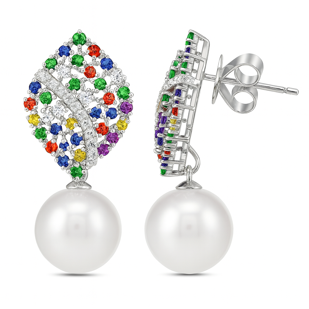 18K White Gold Sapphire Freshwater Pearl Earrings, 10-11mm, 1.32ct