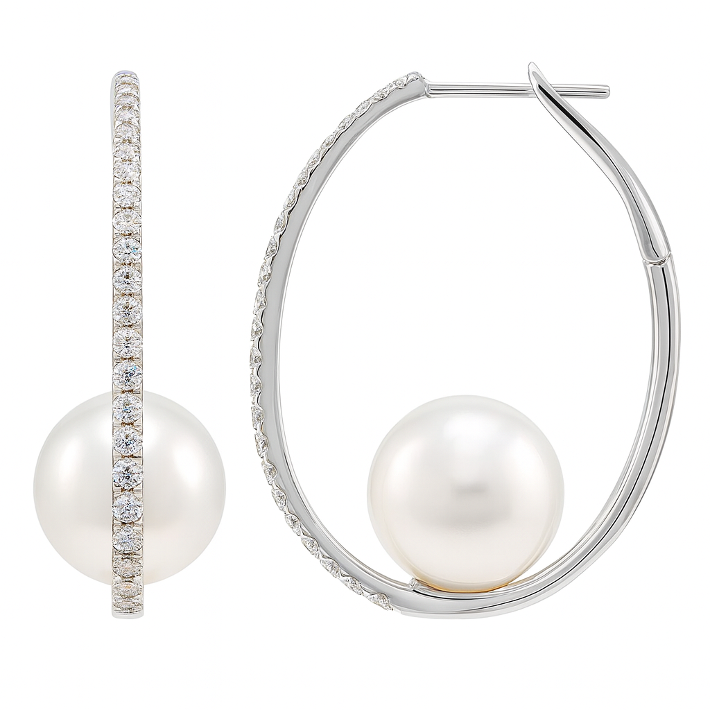 18K White Gold Pearl Earrings, 10-11mm, 0.5ct
