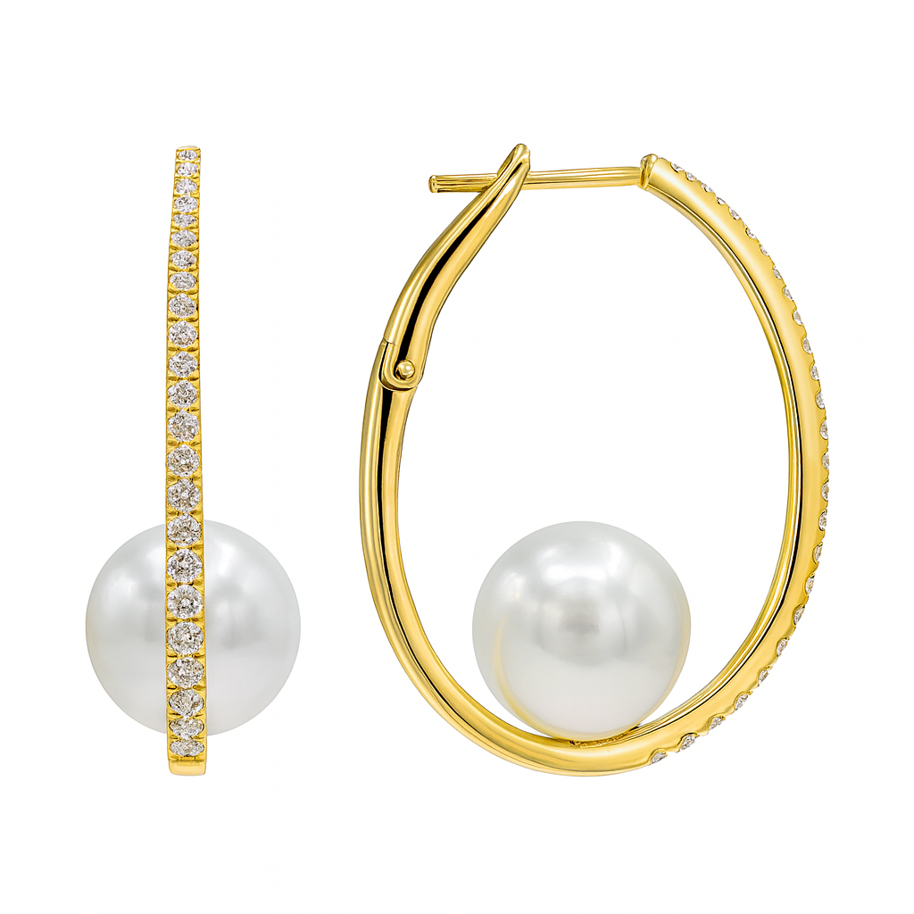18K Yellow Gold Freshwater Pearl Earrings, 10-11mm, 0.55ct