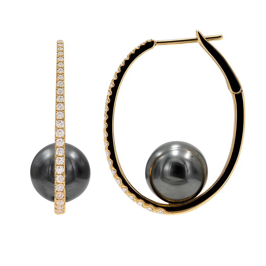 18K Yellow Gold Tahitian Pearl Earrings, 10-11mm, 0.52ct