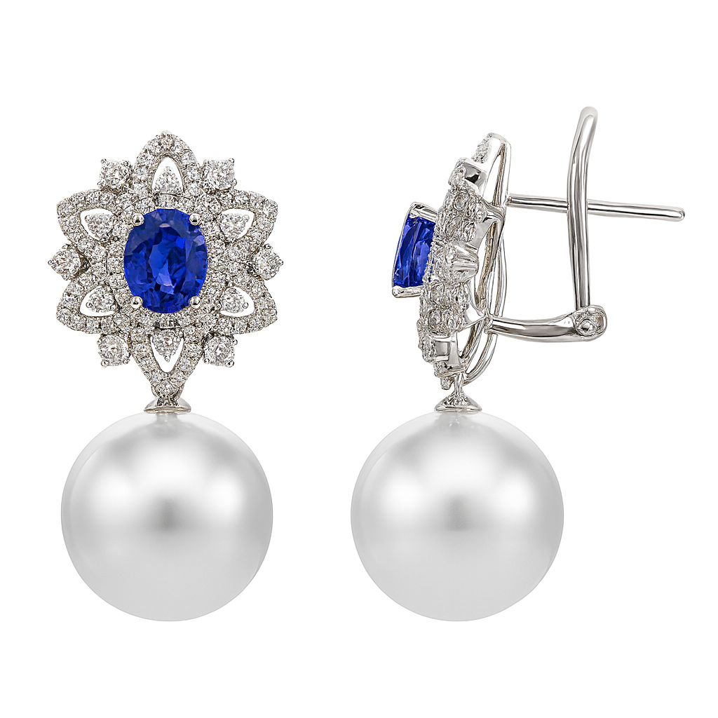 18K White Gold South Sea Pearl Earrings, 12-13mm, 1.45ct