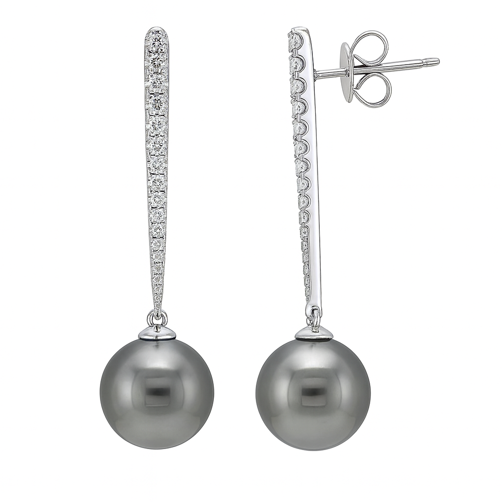 18K White Gold Tahitian Pearl Earrings, 10-11mm, 0.44ct