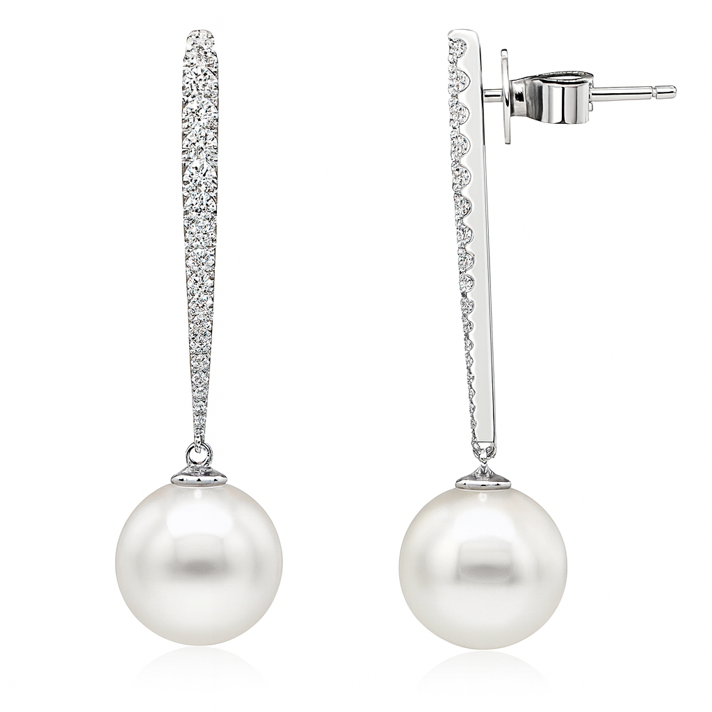 18K White Gold South Sea Pearl Earrings, 10-11mm, 0.43ct