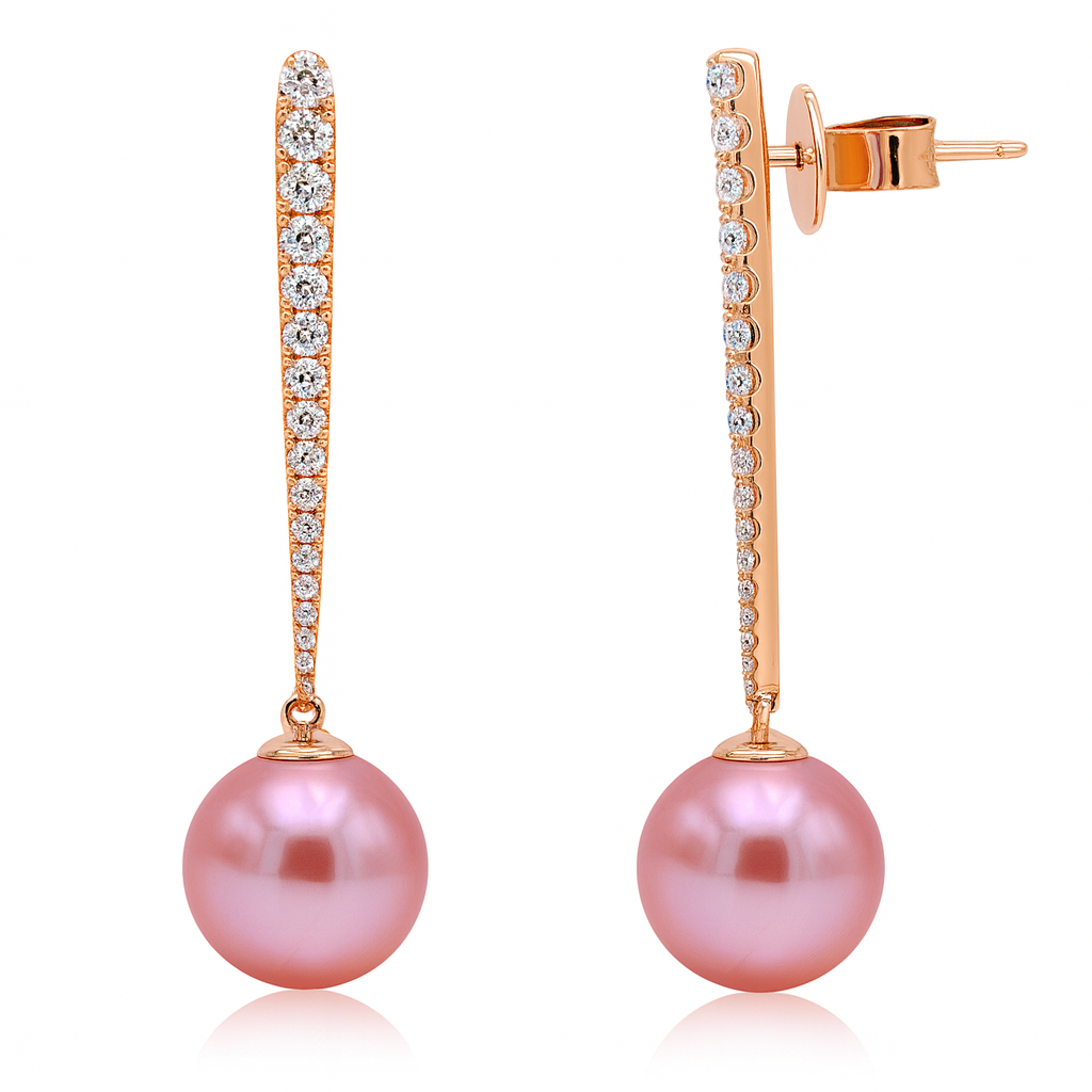 18K Rose Gold Freshwater Pearl Earrings, 10-11mm, 0.44ct