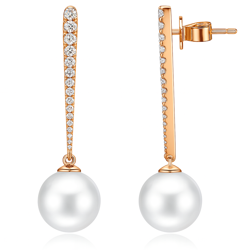 18K Rose Gold White Freshwater Pearl Earrings, 9.50-10mm, 0.43ct