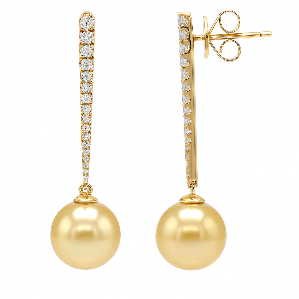 18K Yellow Gold Golden Pearl Earrings, 10-11mm, 0.44ct