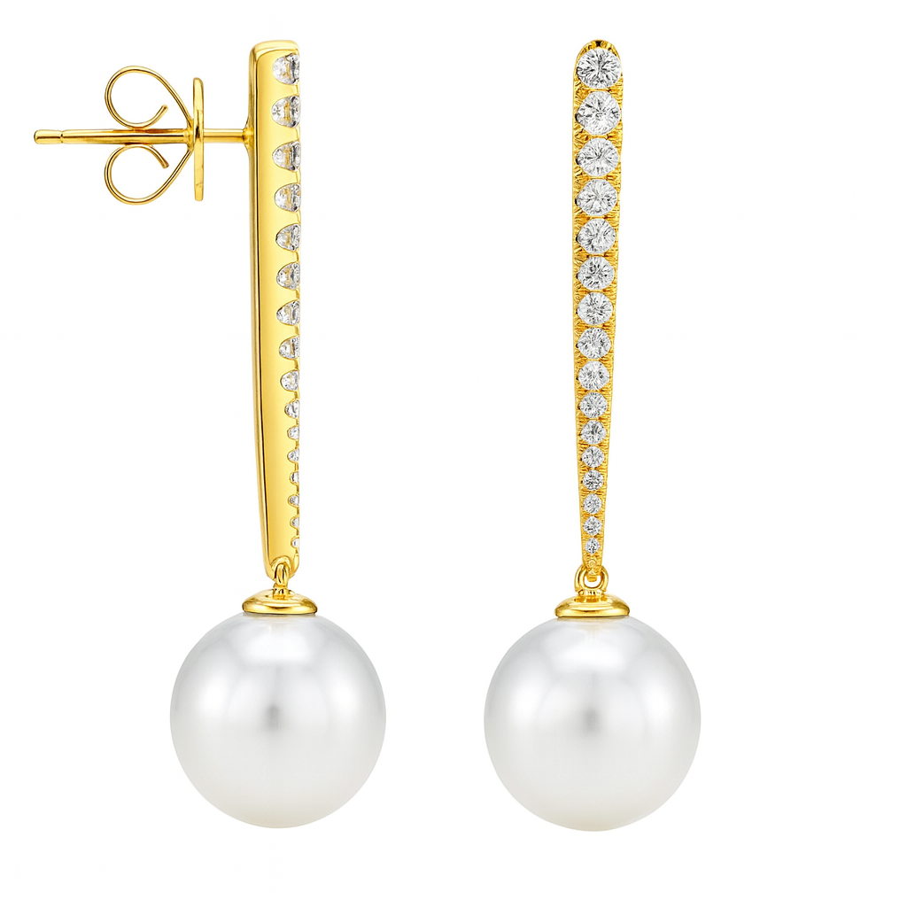 18K Yellow Gold South Sea Pearl Earrings, 10-11mm, 0.44ct