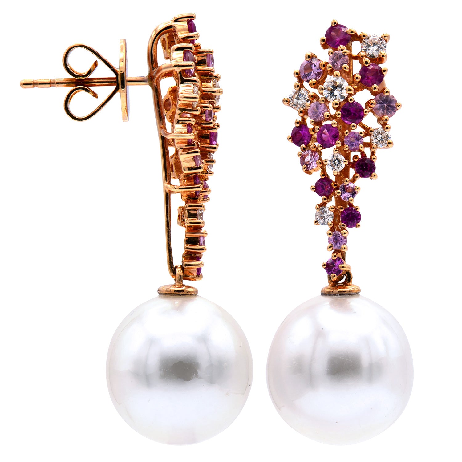 18KR White South Sea Pearl Earrings, 12-13mm