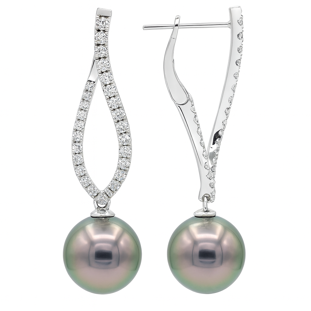 18K White Gold Tahitian Pearl Earrings, 10-11mm, 0.73ct