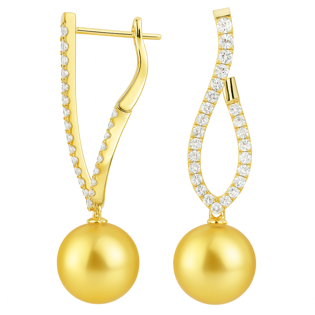 18K White Gold Golden South Sea Pearl Earrings, 10-11mm, 0.73ct