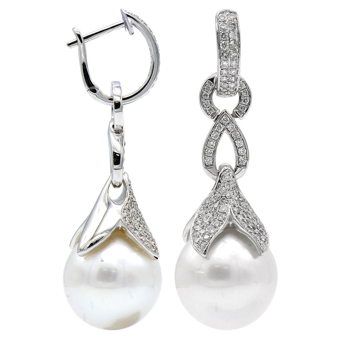 18KW White South Sea Pearl Earrings, 13-14mm