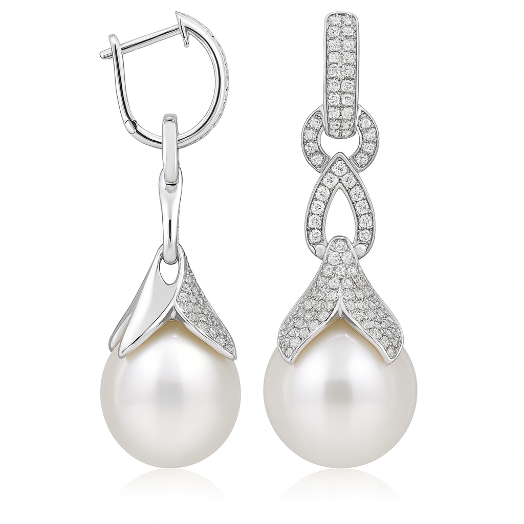18K White Gold South Sea Pearl Earrings, 13-14mm, 0.77ct
