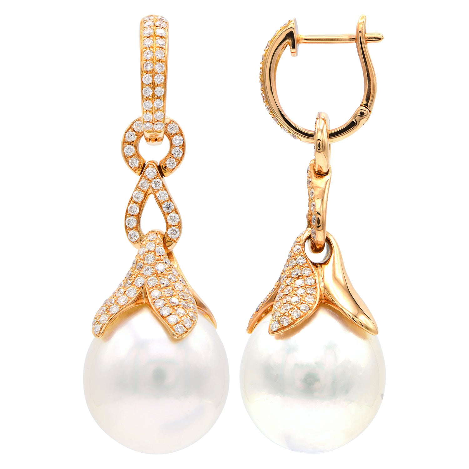 18KR White South Sea Pearl Earrings, 13-14mm