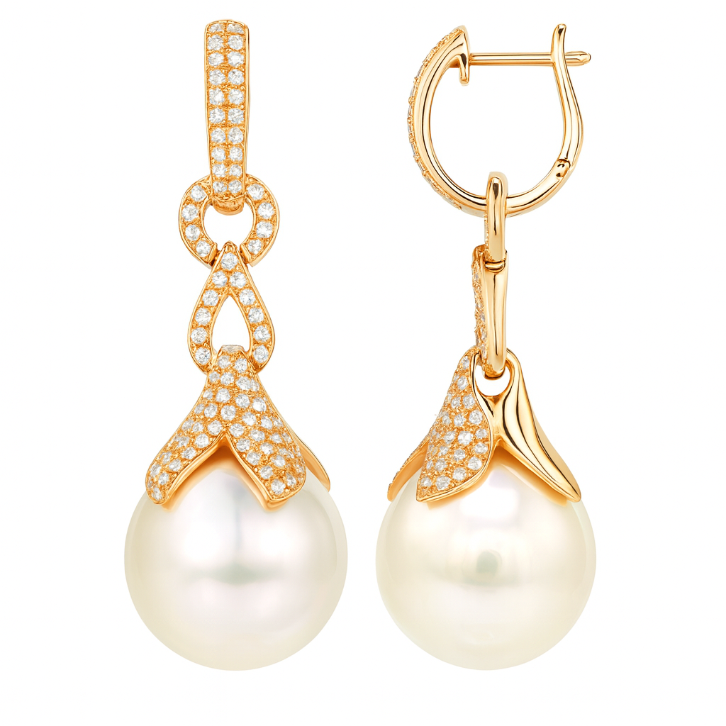 18K Rose Gold South Sea Pearl Earrings, 13-14mm, 0.81ct