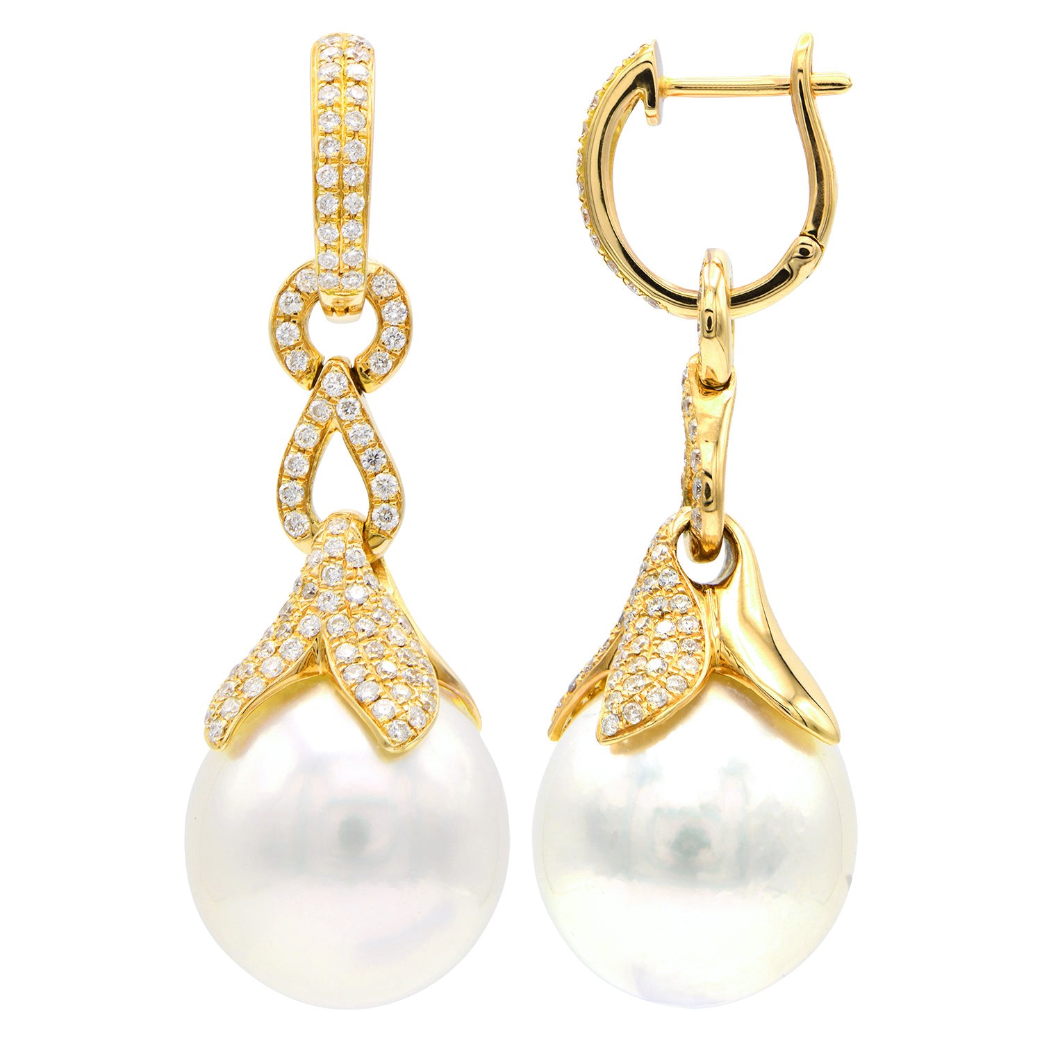 18KY White South Sea Pearl Earrings, 13-14mm