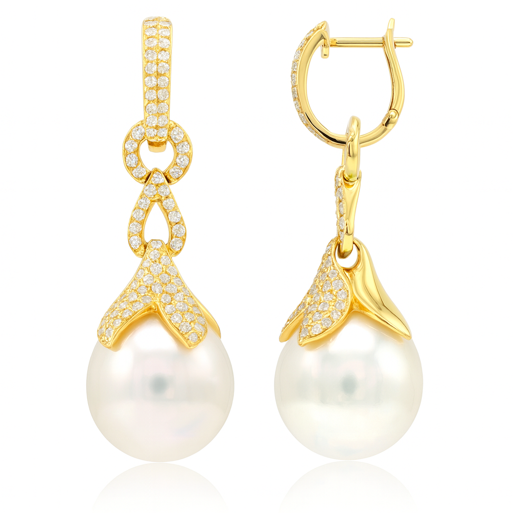 18K Yellow Gold South Sea Pearl Earrings, 13-14mm, 0.77ct