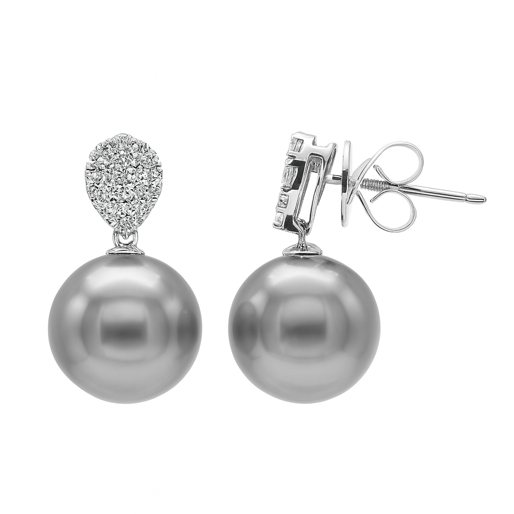 18K White Gold Tahitian Pearl Earrings, 10-11mm, 0.54ct