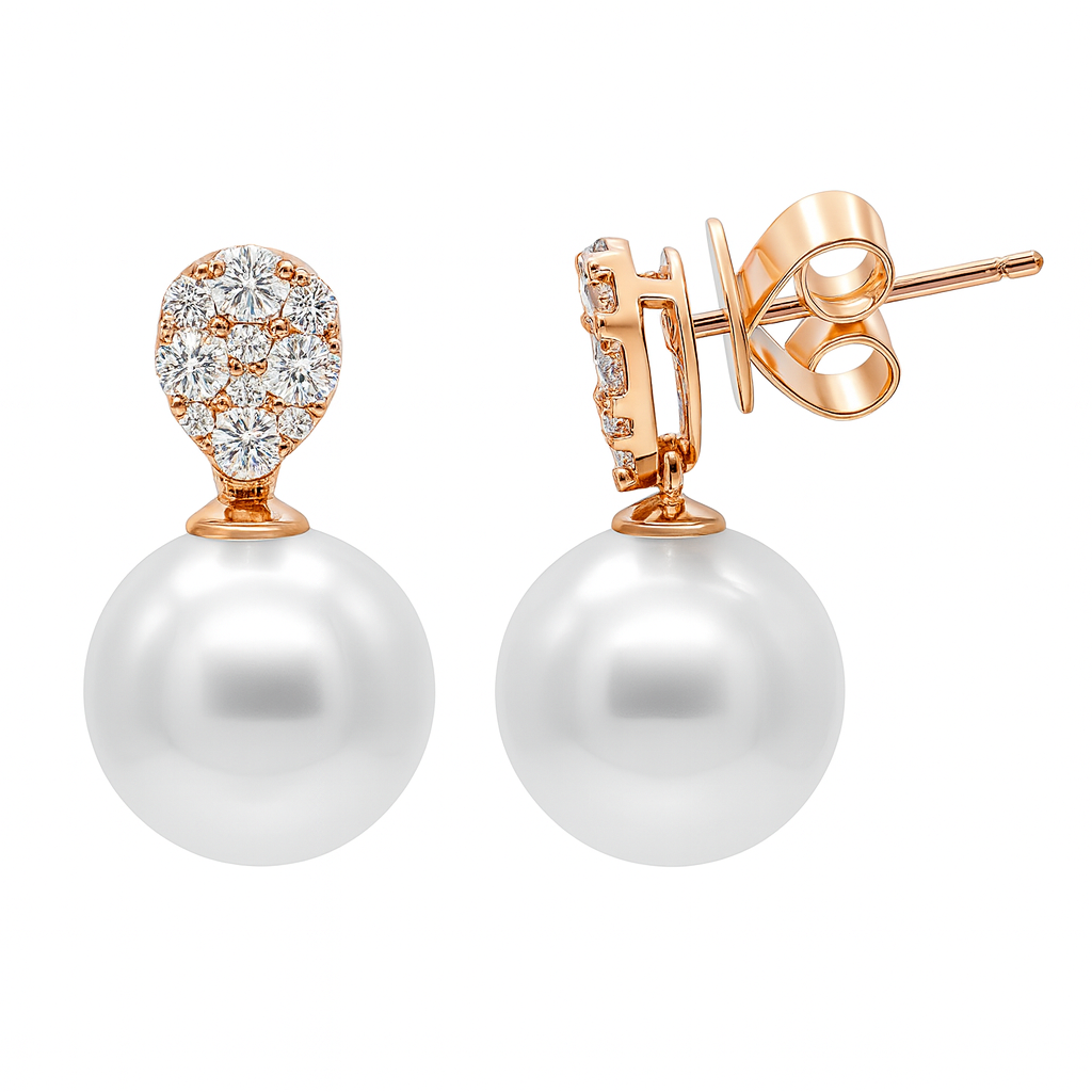 18K Rose Gold Diamond South Sea Pearl Earrings, 10-11mm, 0.54ct