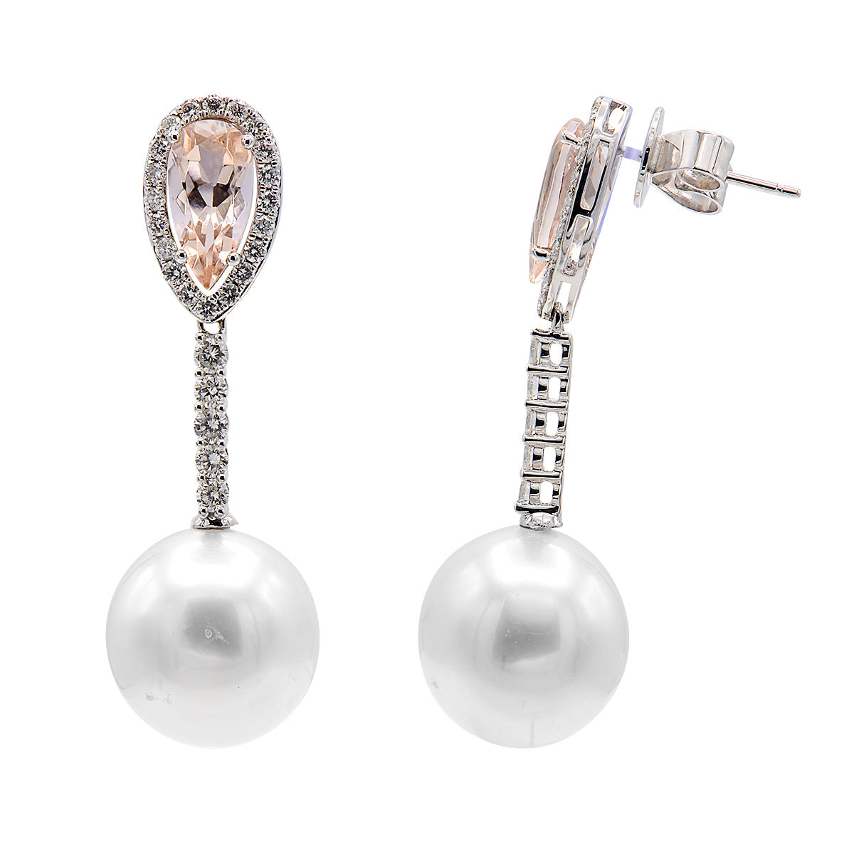 18KW White South Sea Pearl Earrings, 12-13mm