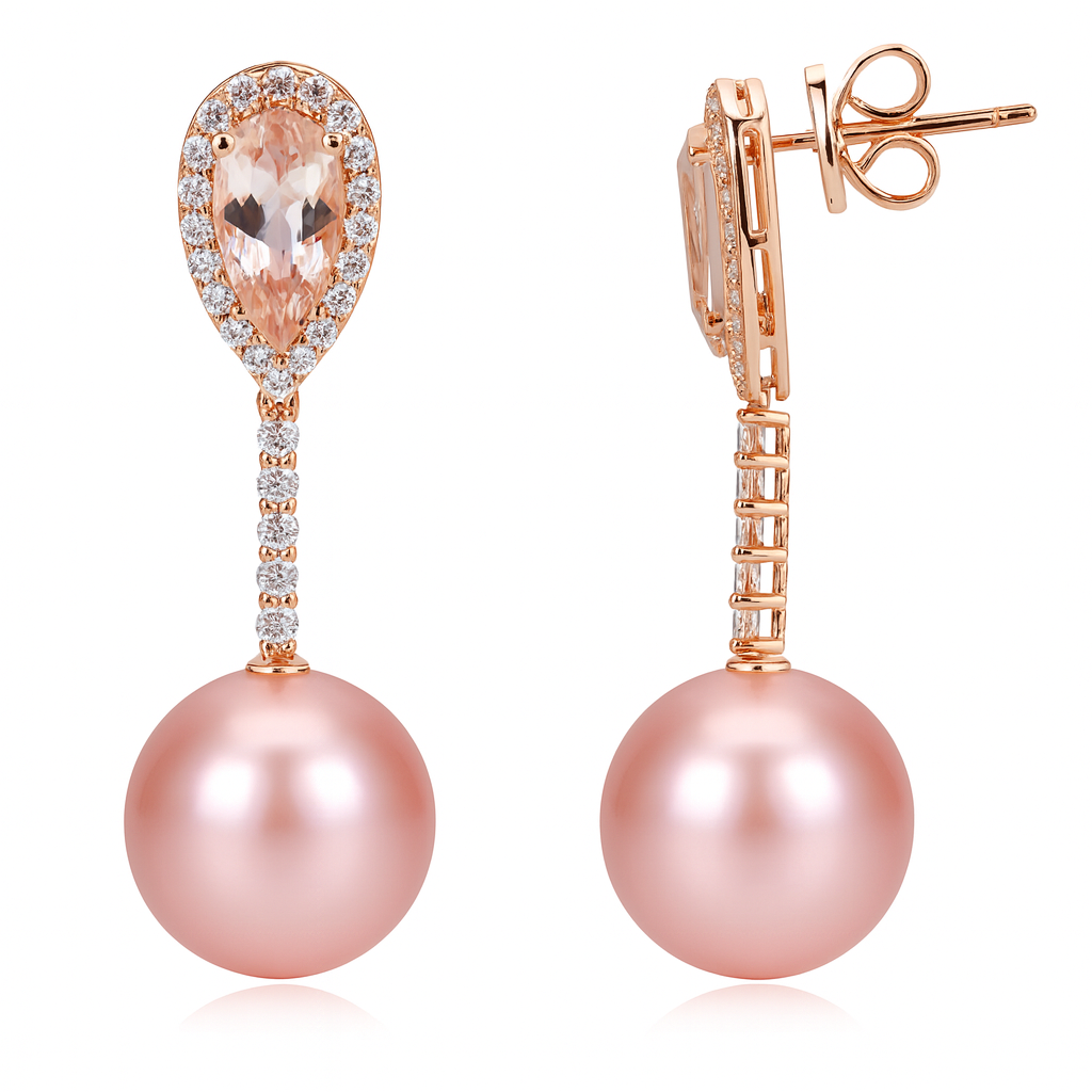 18K White Gold Morganite Diamond Pearl Earrings, 12-13mm, 2.04ct