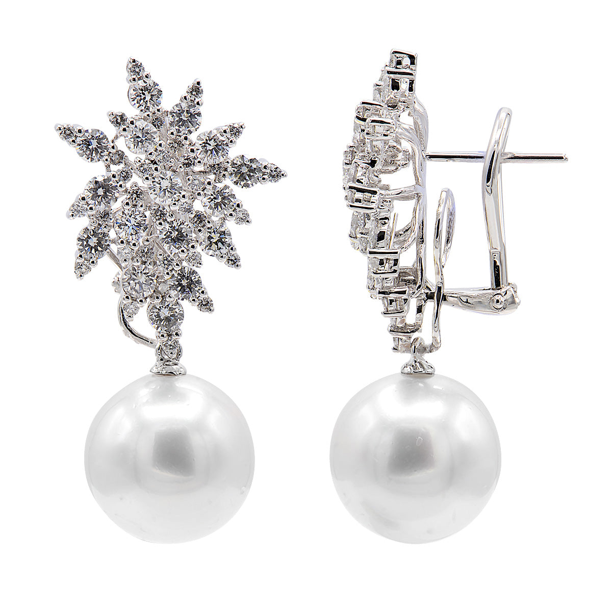 18KW White South Sea Pearl Earrings, 13-14mm