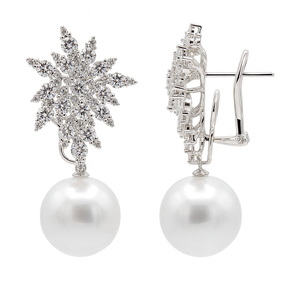 18K White Gold South Sea Pearl Earrings, 13-14mm, 2.88ct