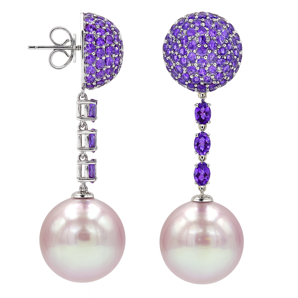 18K White Gold Freshwater Pearl Amethyst Earrings, 15-16mm, 4.22ct