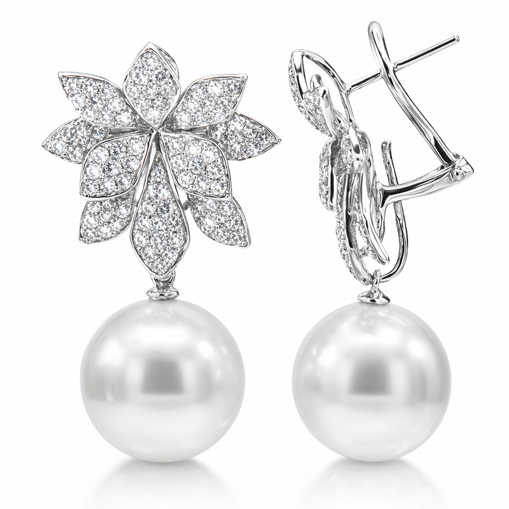 18K White Gold Diamond & South Sea Pearl Earrings, 14-15mm, 1.63ct
