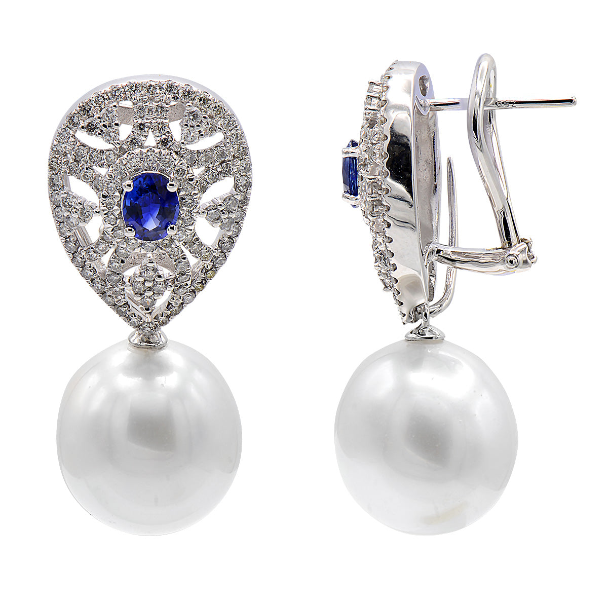 18KW White South Sea Pearl Earrings, 13-14mm