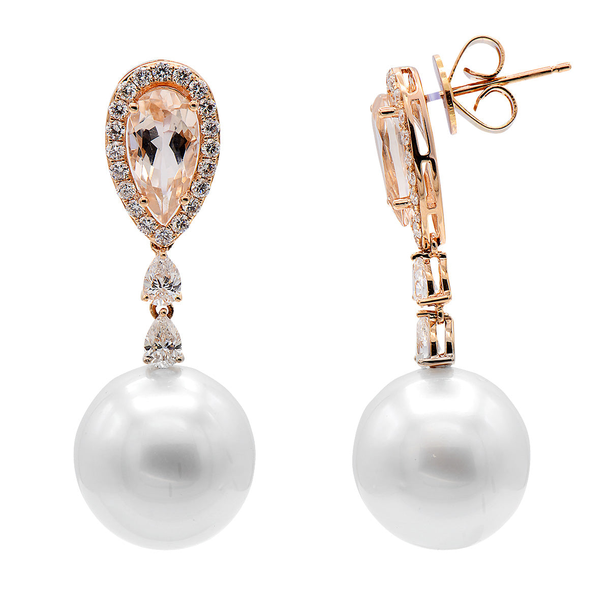18KR White South Sea Pearl Earrings, 13-14mm