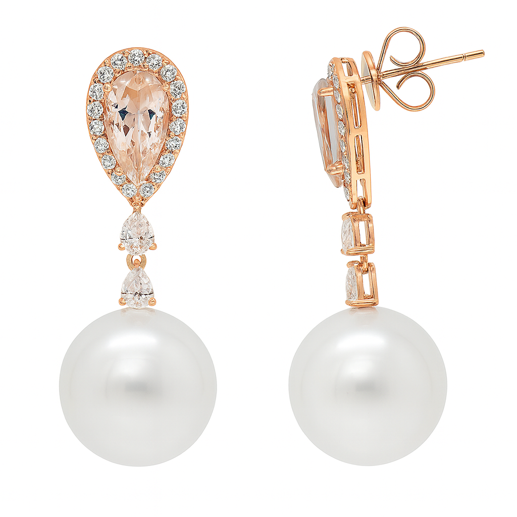 18K Rose Gold Morganite Earrings, 13-14mm, 2ct