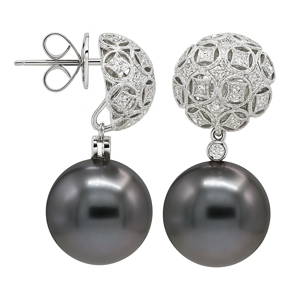 18K White Gold Tahitian Pearl Earrings, 13-14mm, 0.3ct