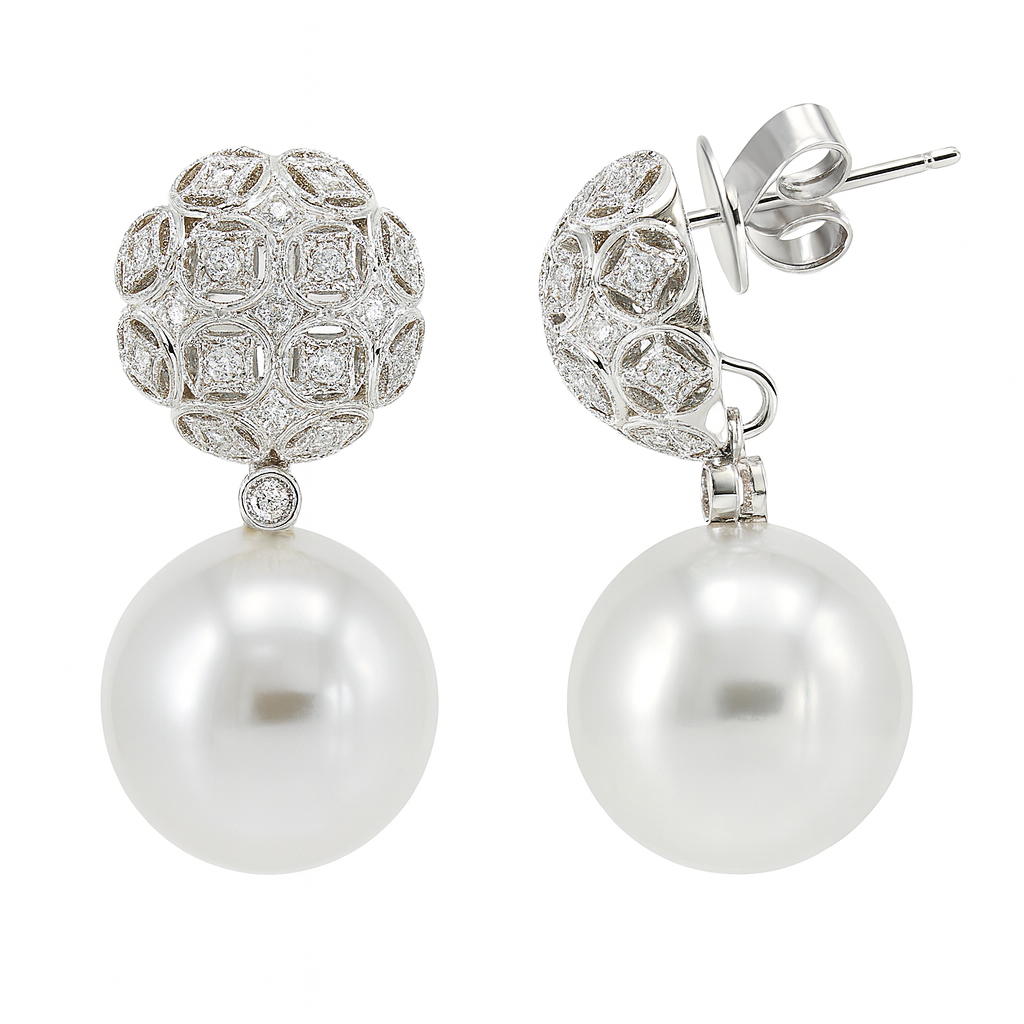 18K White Gold South Sea Pearl Earrings, 13-14mm, 0.28ct