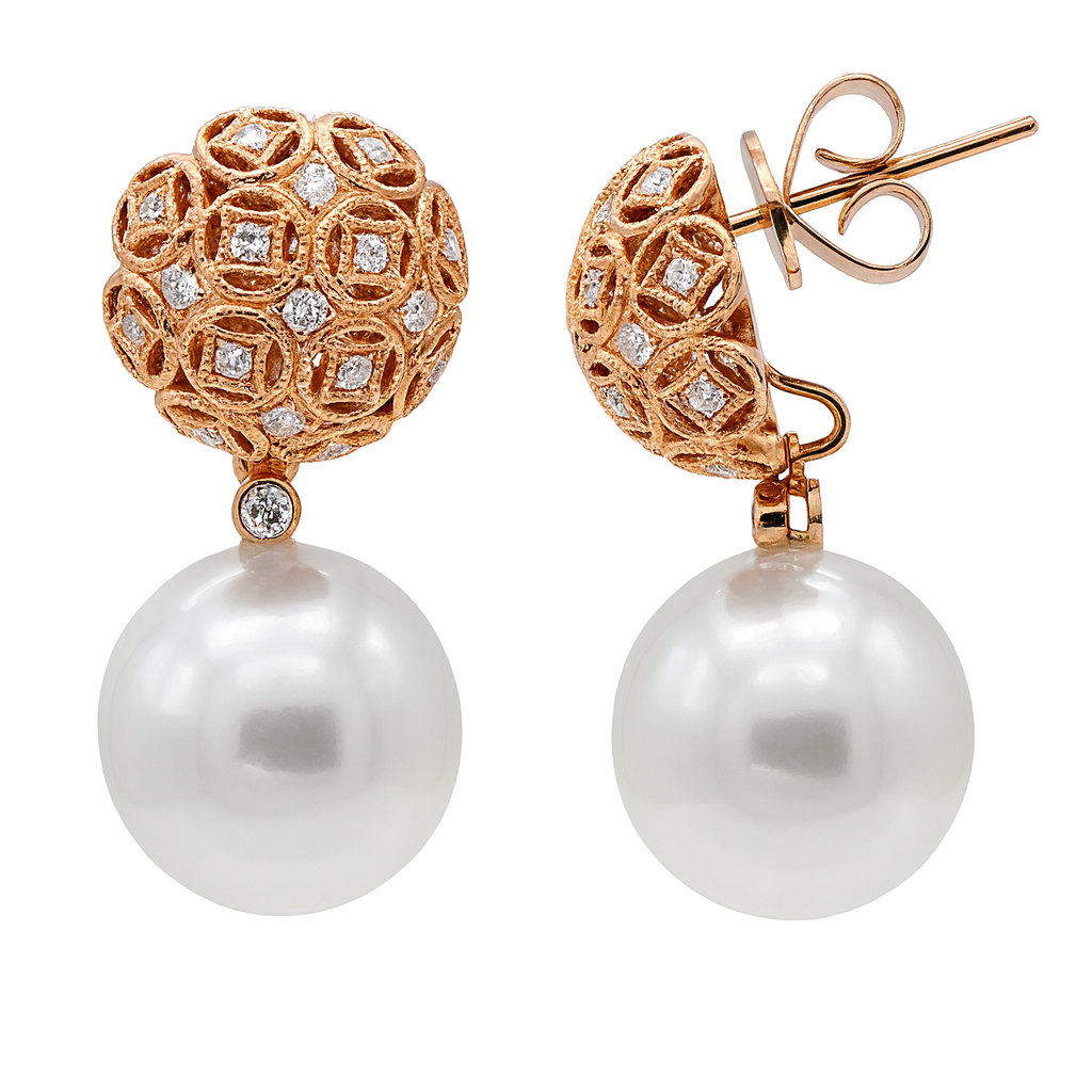 18K Rose Gold South Sea Pearl Earrings, 13-14mm, 0.3ct