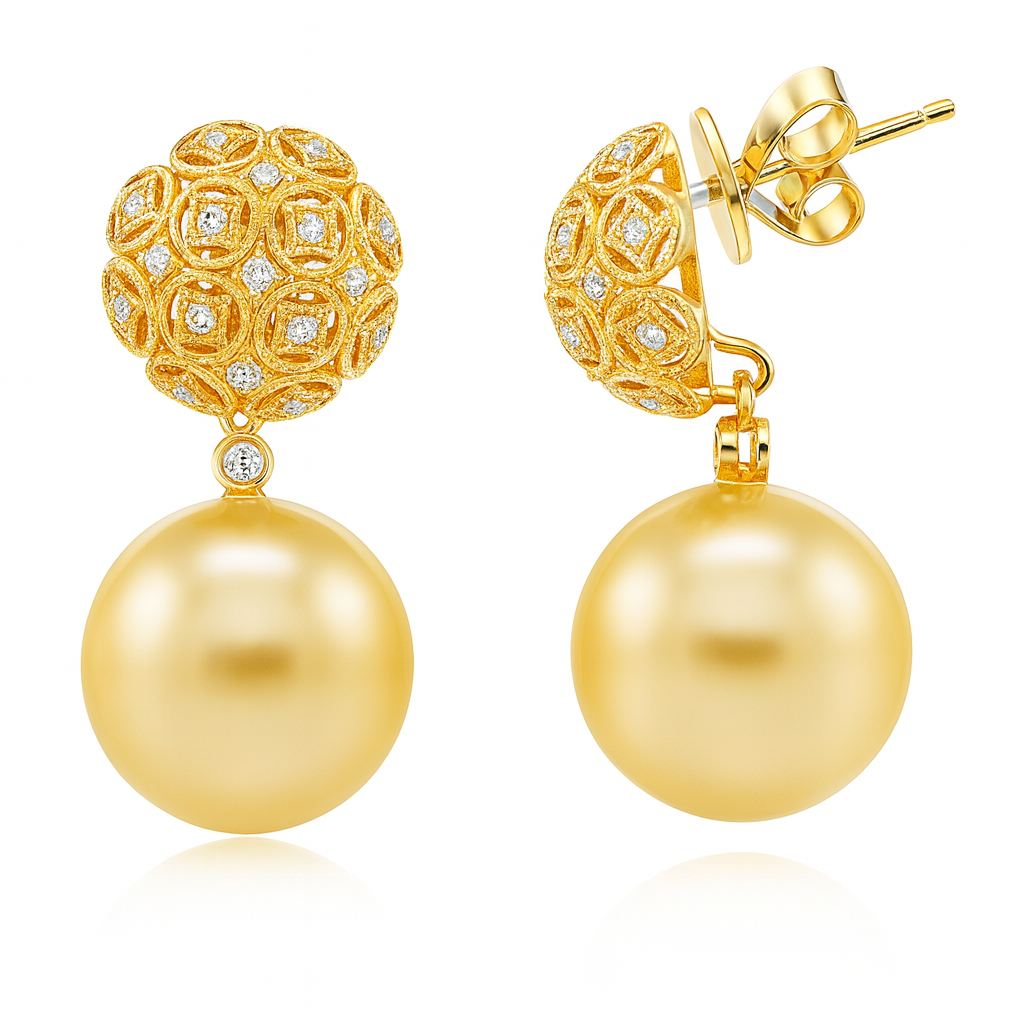 18K Yellow Gold Pearl Earrings, 13-14mm, 0.3ct