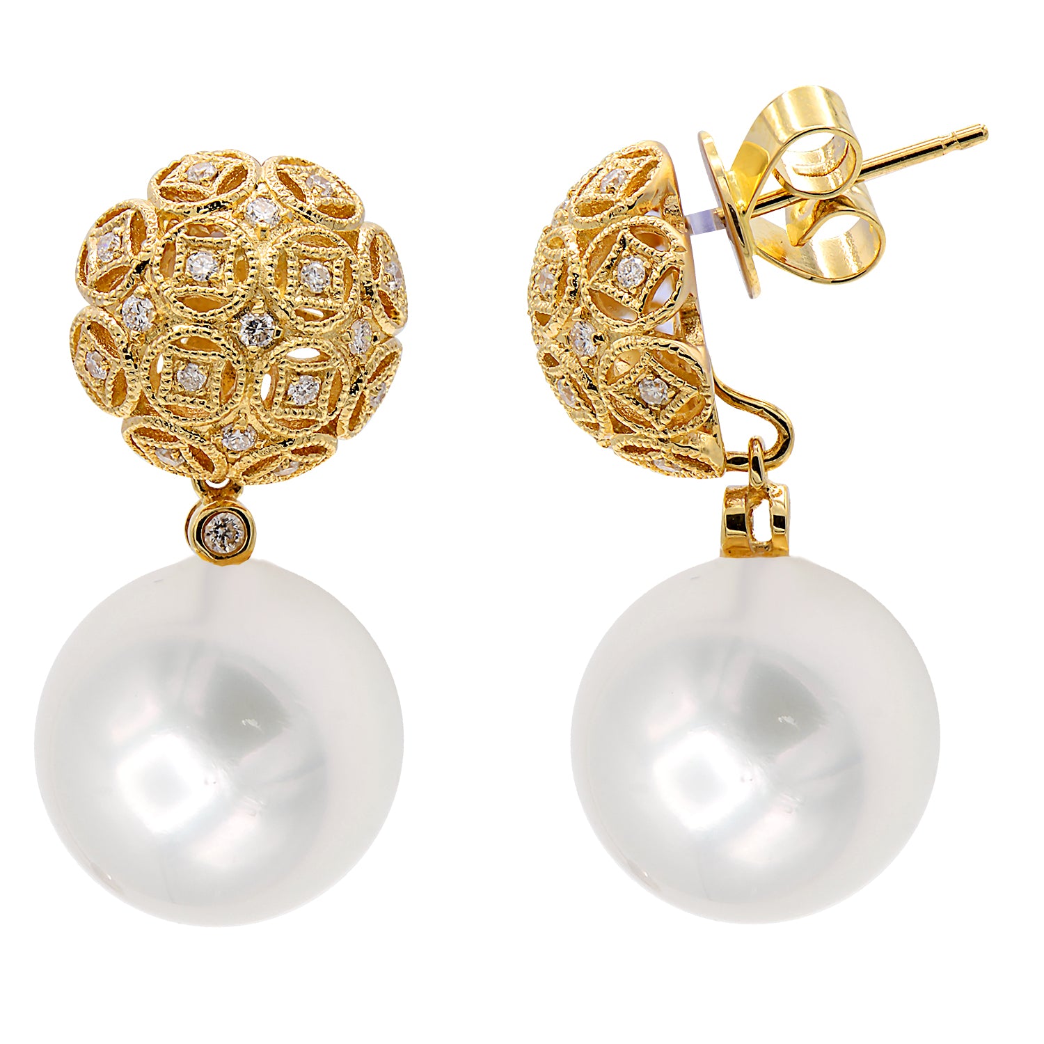 18KY Freshwater Pearl Earrings, 13-14mm